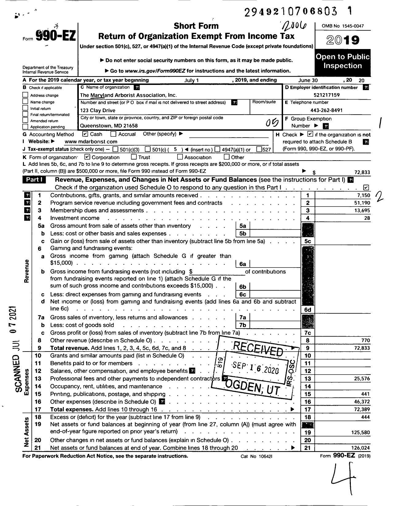 Image of first page of 2019 Form 990EO for Maryland Arborist Association