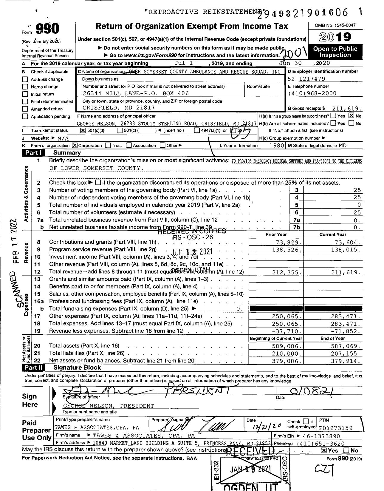 Image of first page of 2019 Form 990 for Lower Somerset County Ambulance and Rescue Squad