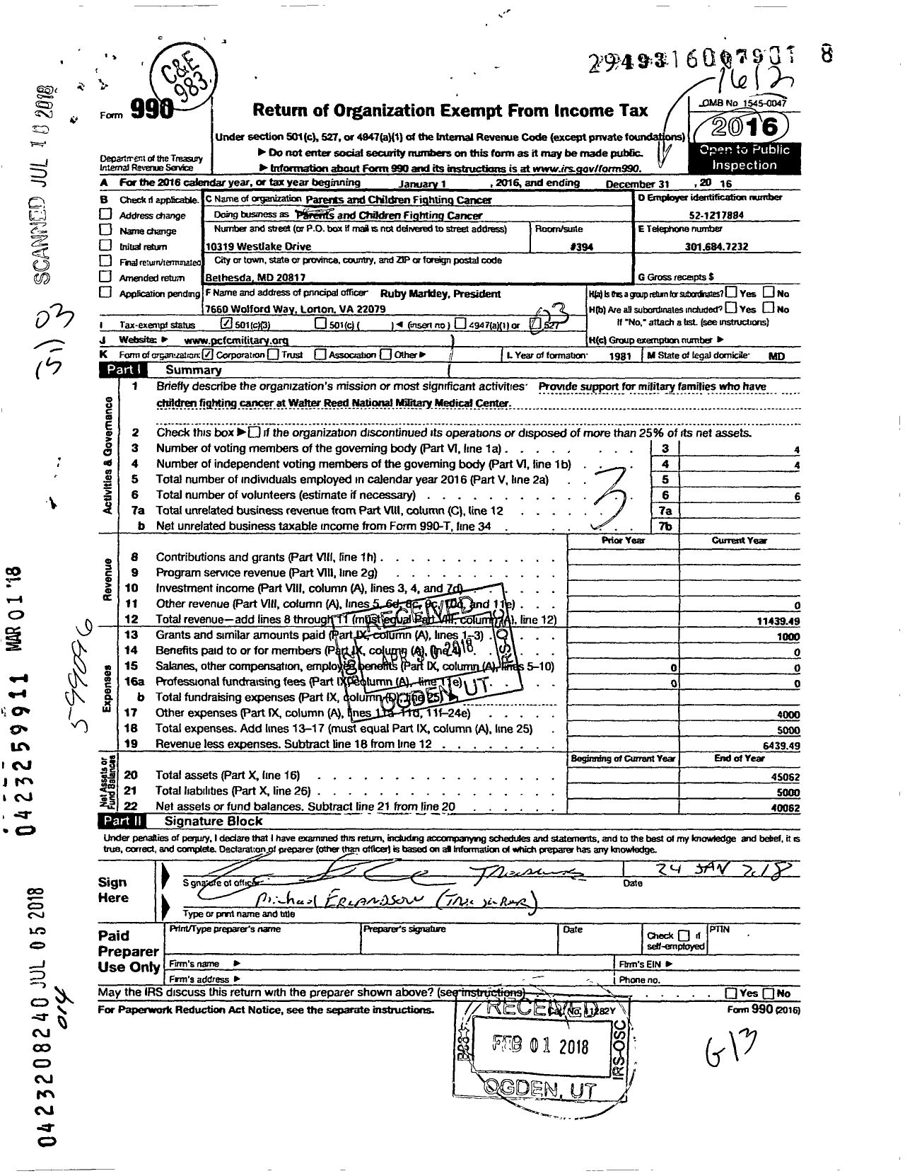 Image of first page of 2016 Form 990 for Parents and Children Fighting Cancer