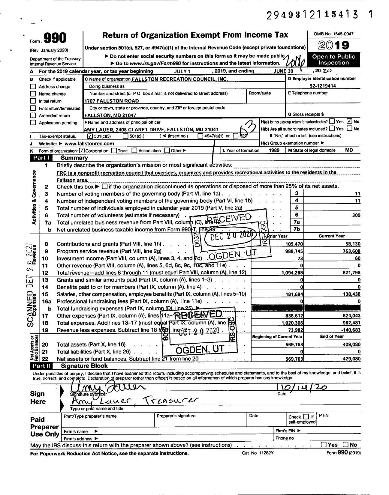 Image of first page of 2019 Form 990 for Fallston Recreation Council