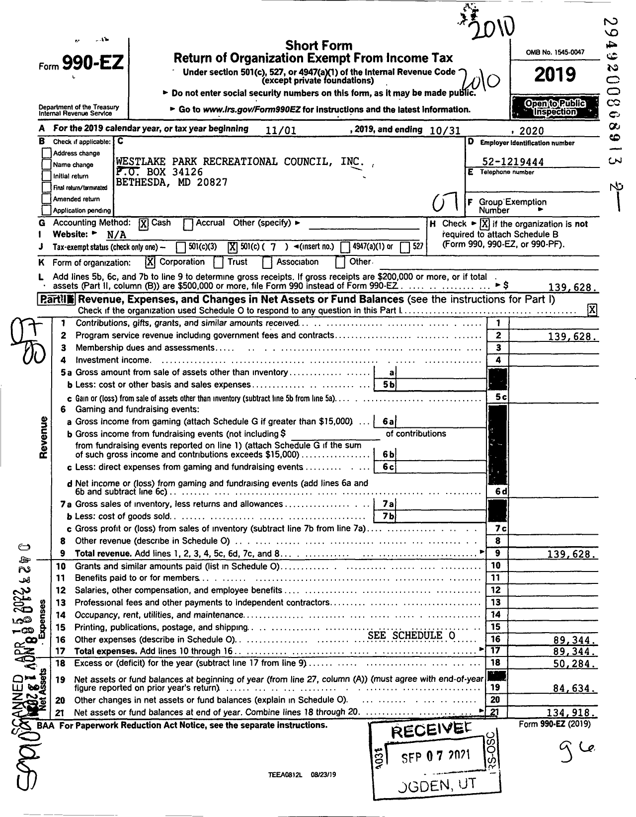 Image of first page of 2019 Form 990EO for Westlake Park Recreational Council