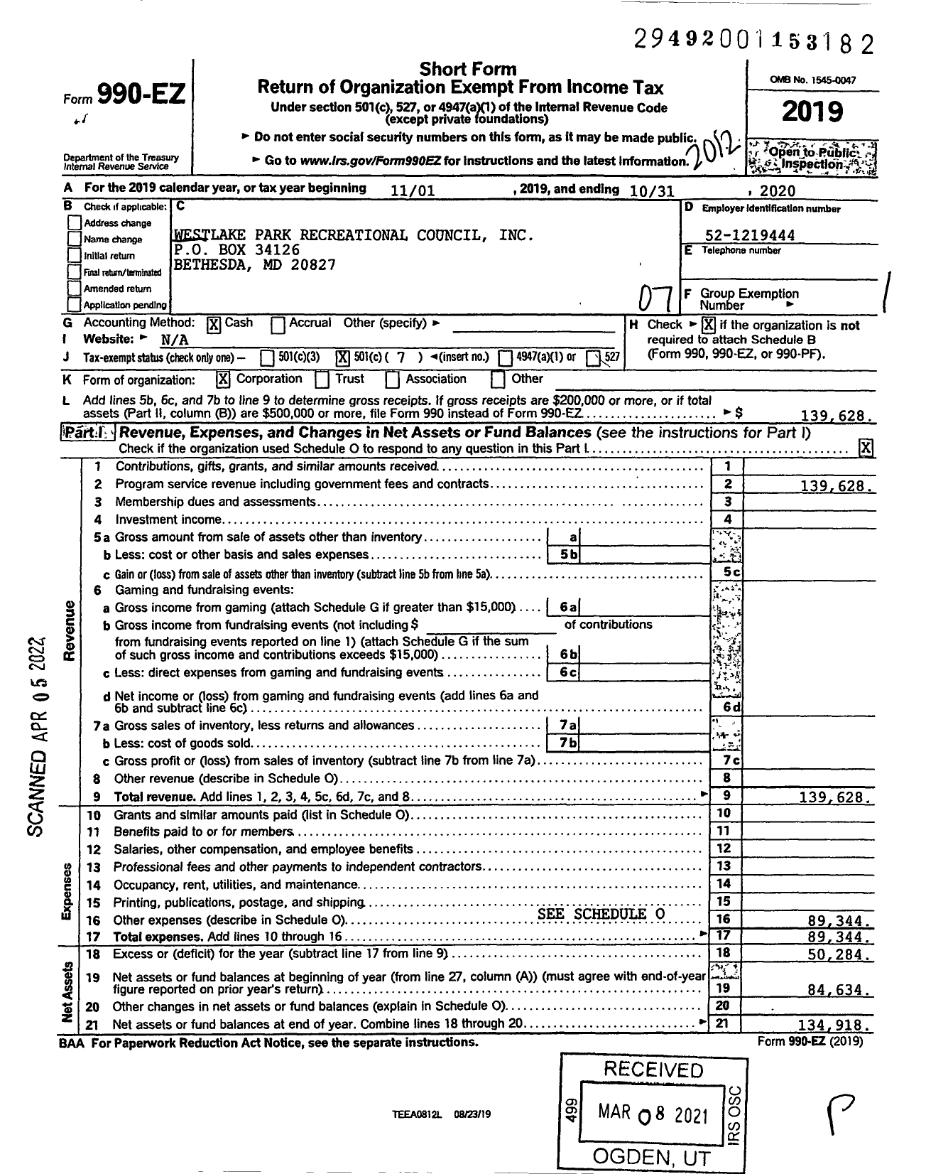 Image of first page of 2020 Form 990EO for Westlake Park Recreational Council