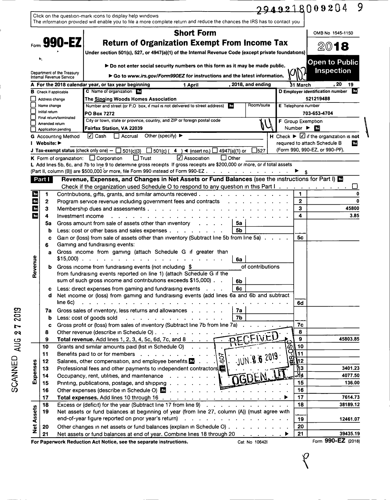 Image of first page of 2018 Form 990EO for The Singing Woods Homes Association