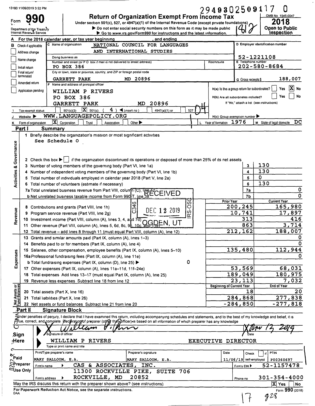 Image of first page of 2018 Form 990O for National Council for Languages and International Studies