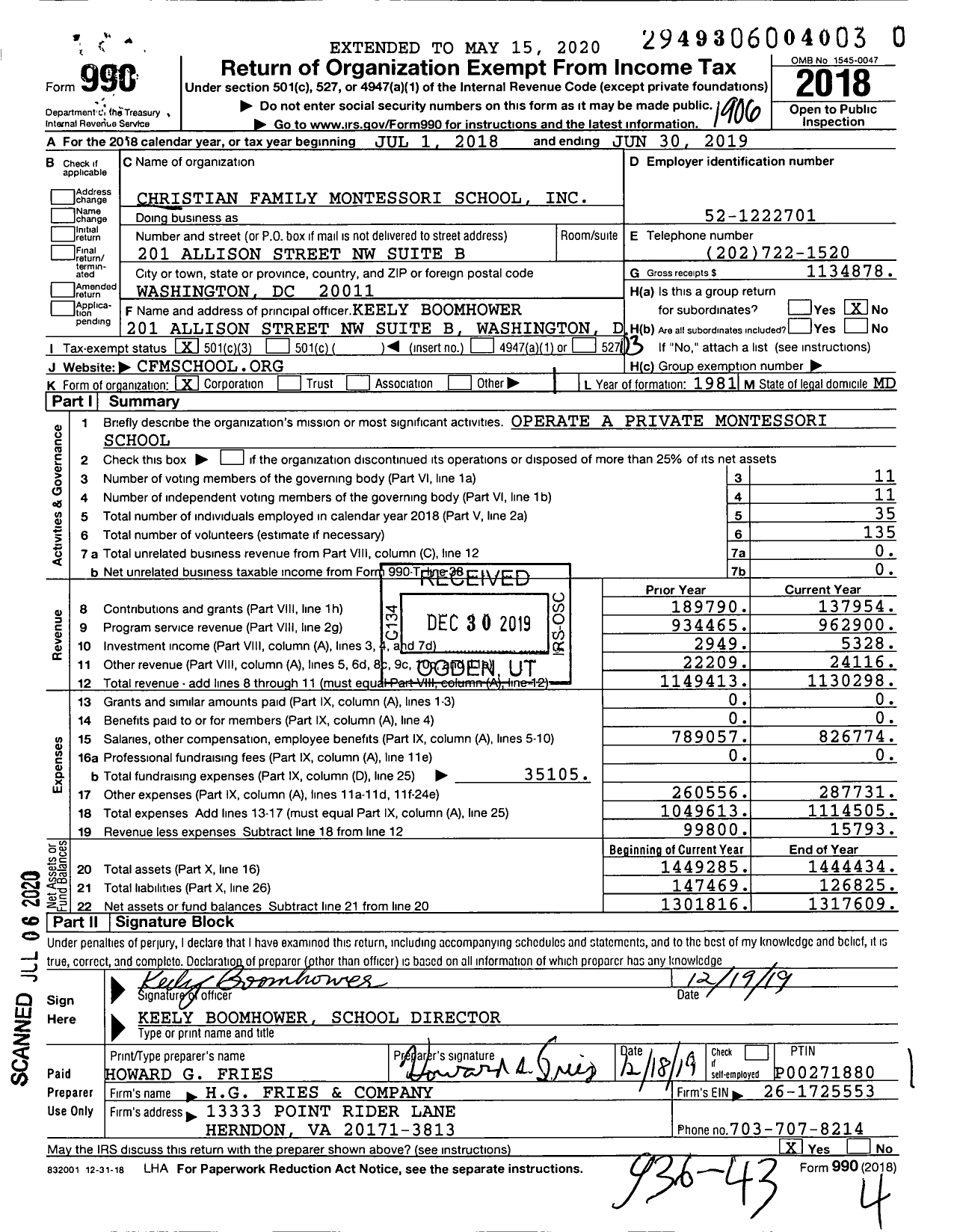 Image of first page of 2018 Form 990 for Christian Family Montessori School