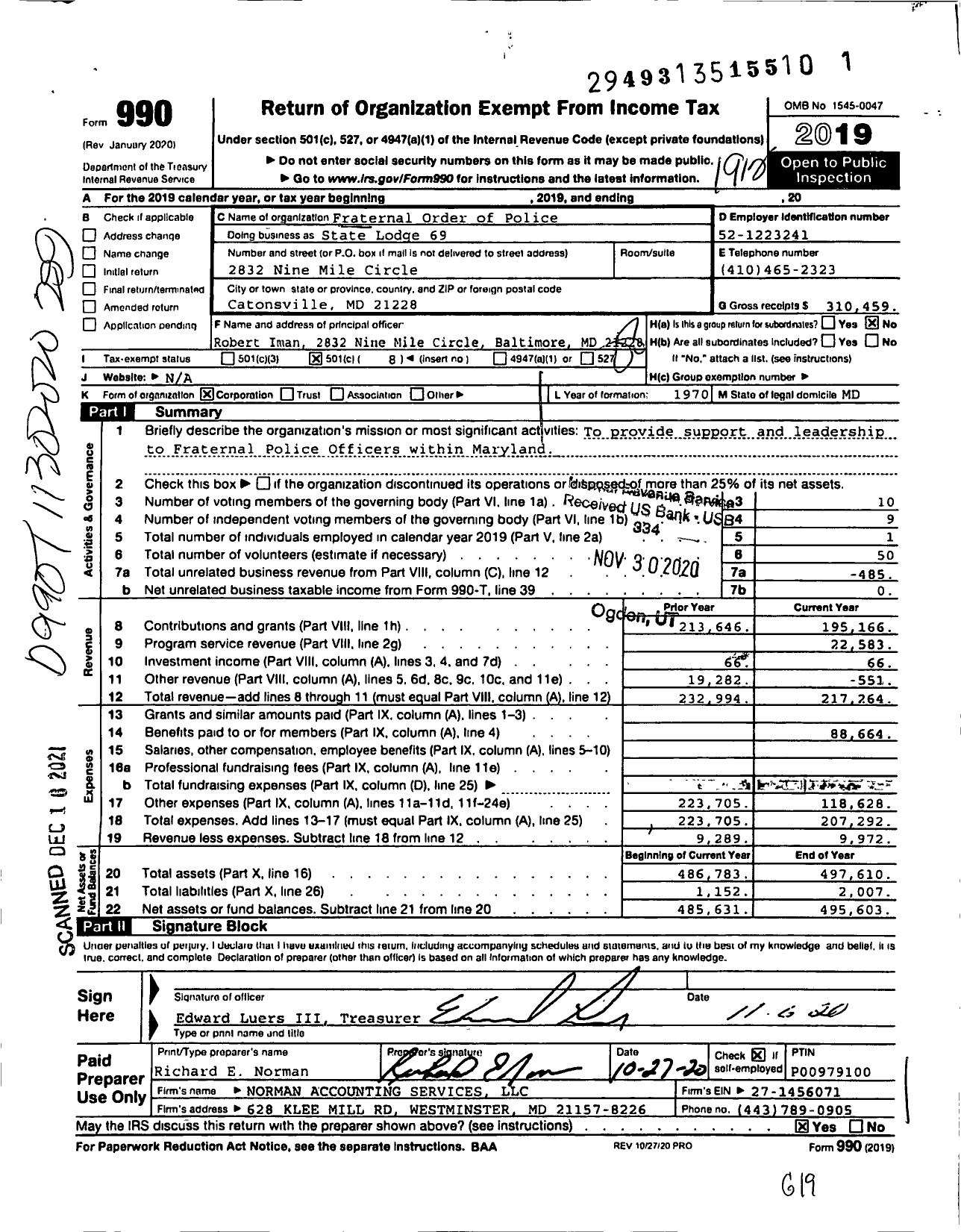 Image of first page of 2019 Form 990O for Fraternal Order of Police - State Lodge 69