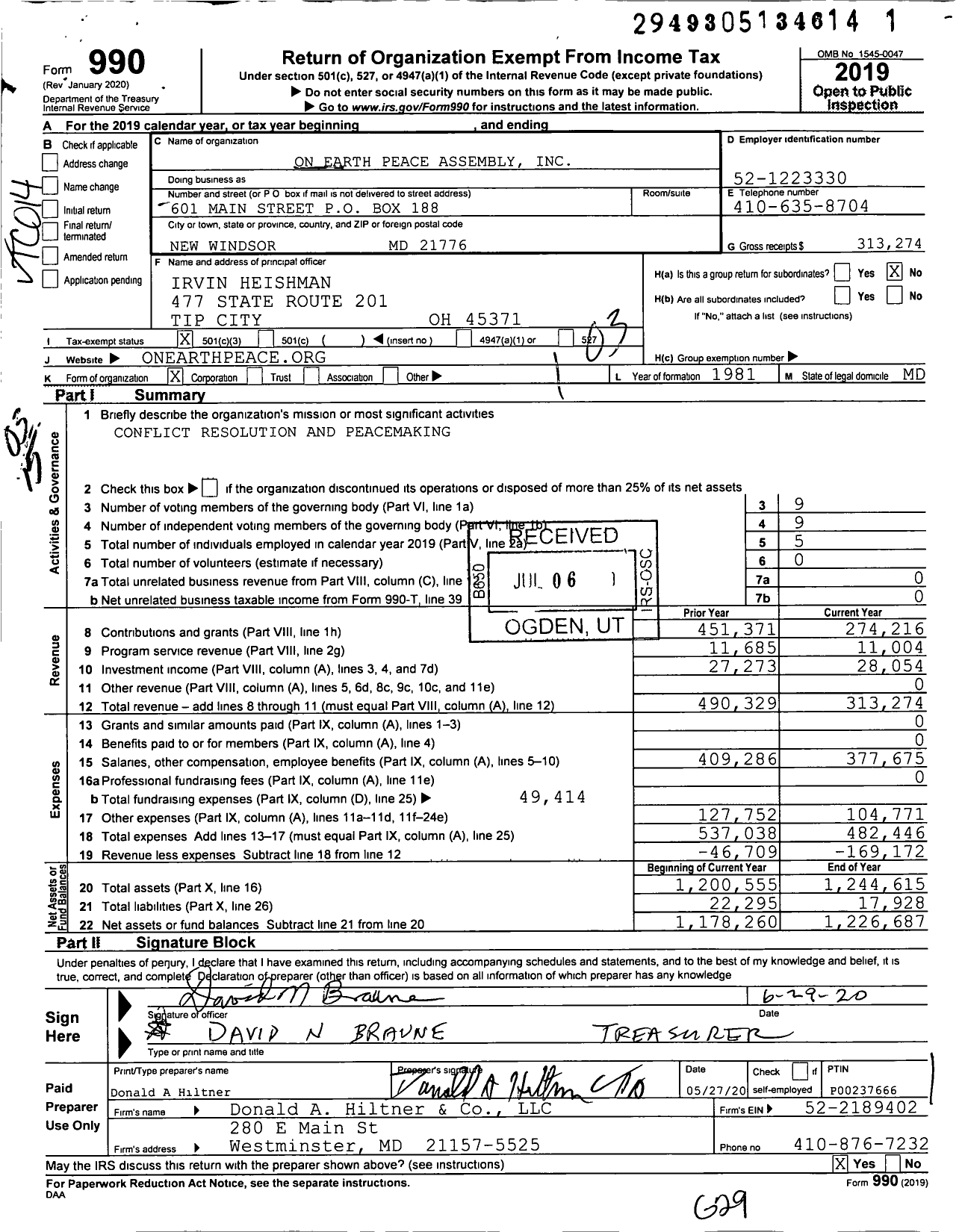 Image of first page of 2019 Form 990 for On Earth Peace Assembly (OEP)