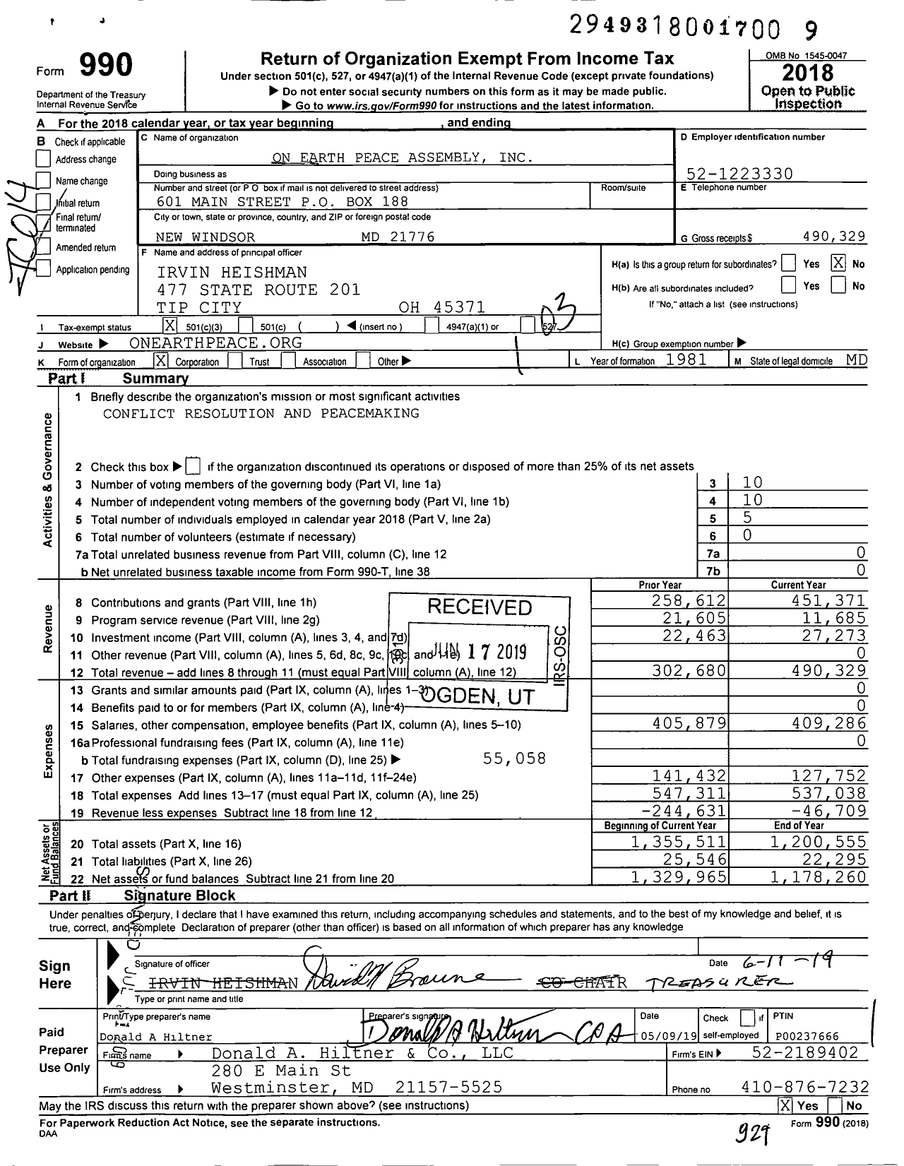 Image of first page of 2018 Form 990 for On Earth Peace Assembly (OEP)