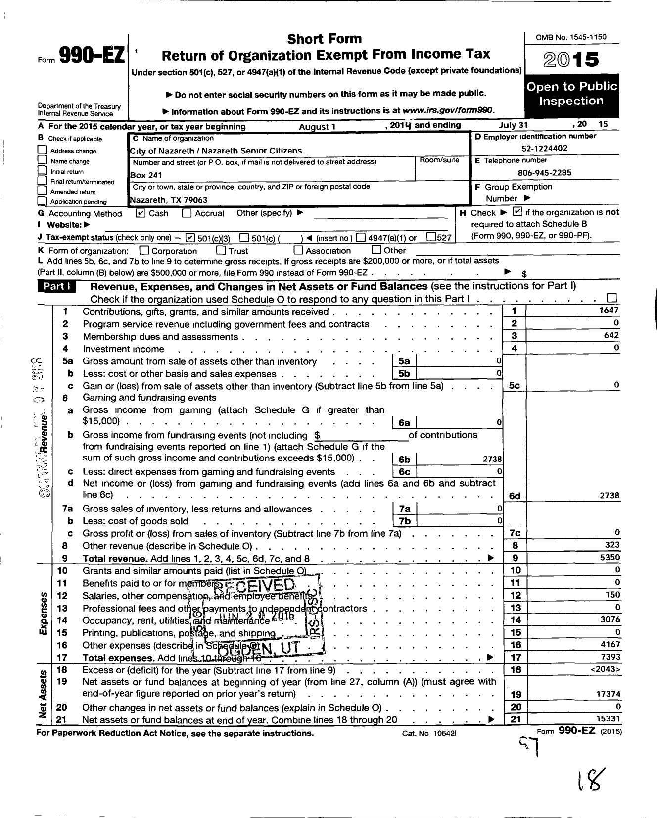 Image of first page of 2014 Form 990EZ for Nazareth Senior Citizens