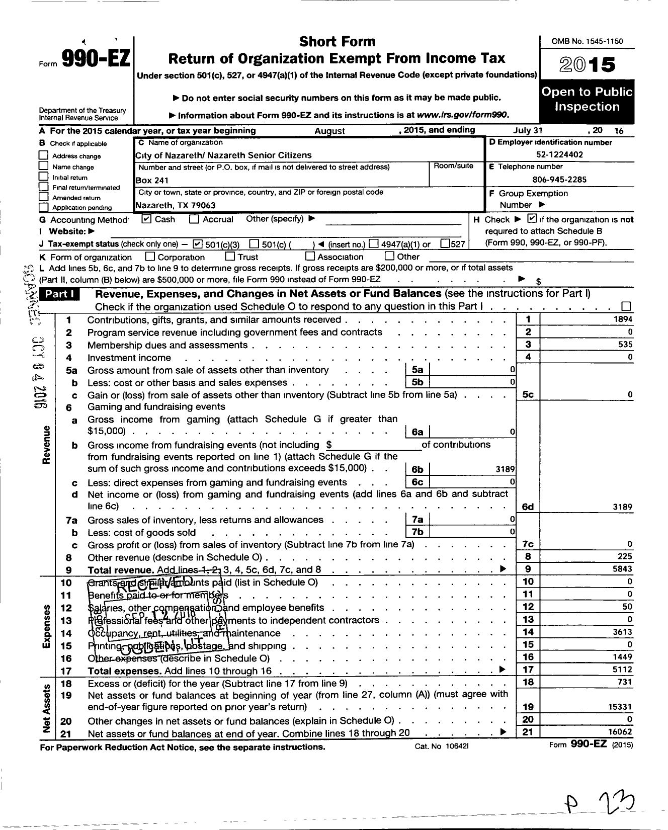 Image of first page of 2015 Form 990EZ for Nazareth Senior Citizens