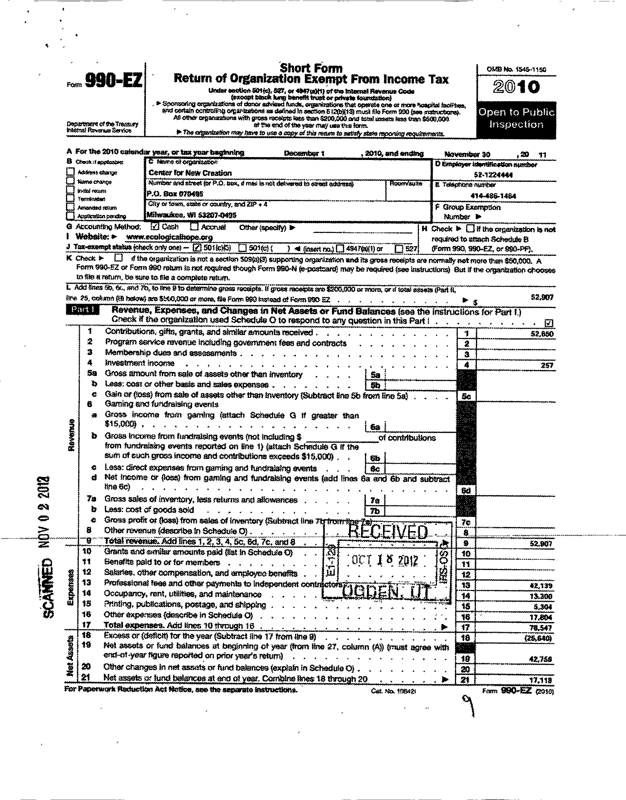 Image of first page of 2010 Form 990EZ for Center for New Creation