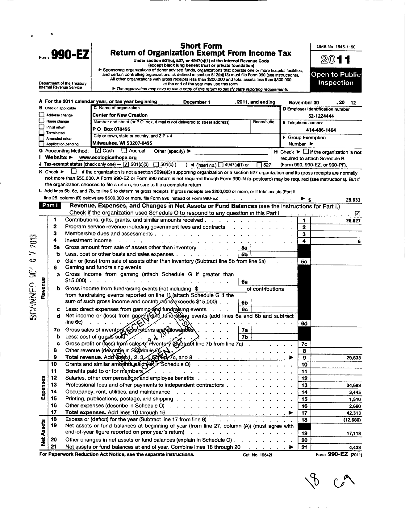 Image of first page of 2011 Form 990EZ for Center for New Creation