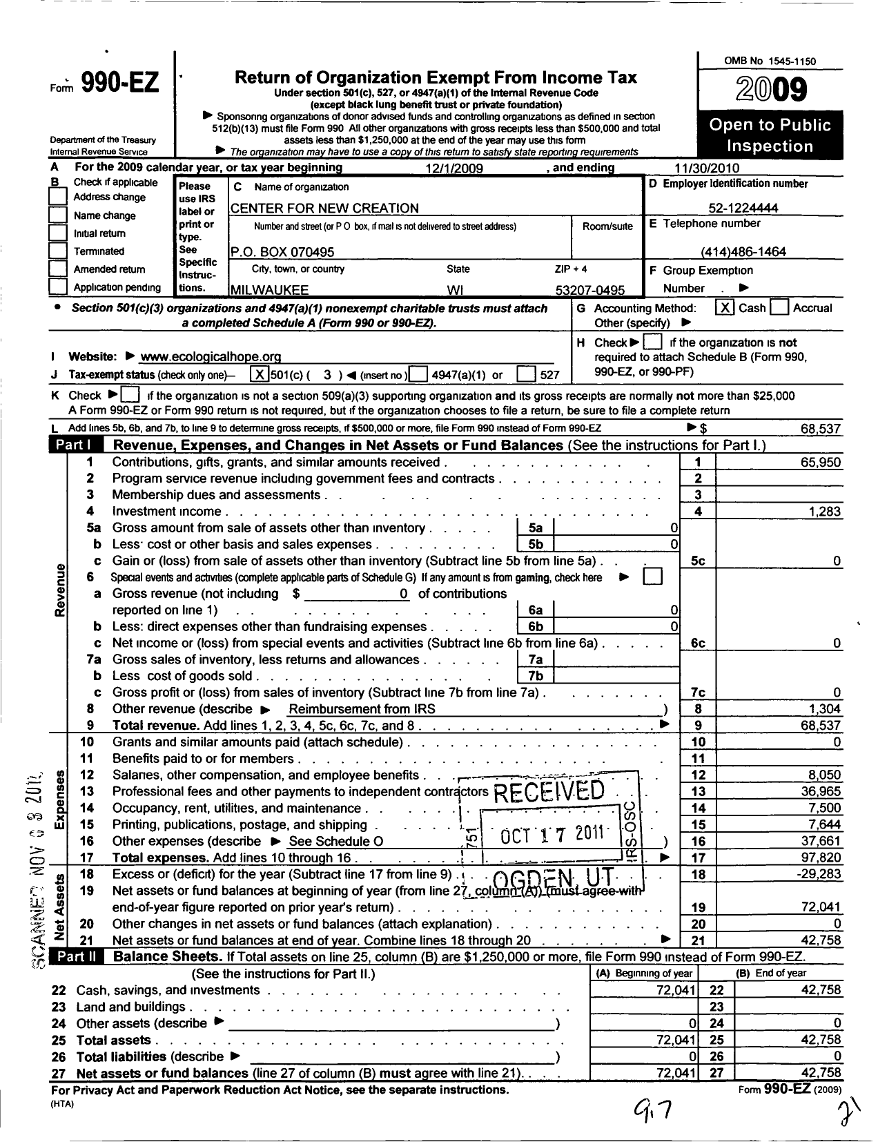 Image of first page of 2009 Form 990EZ for Center for New Creation