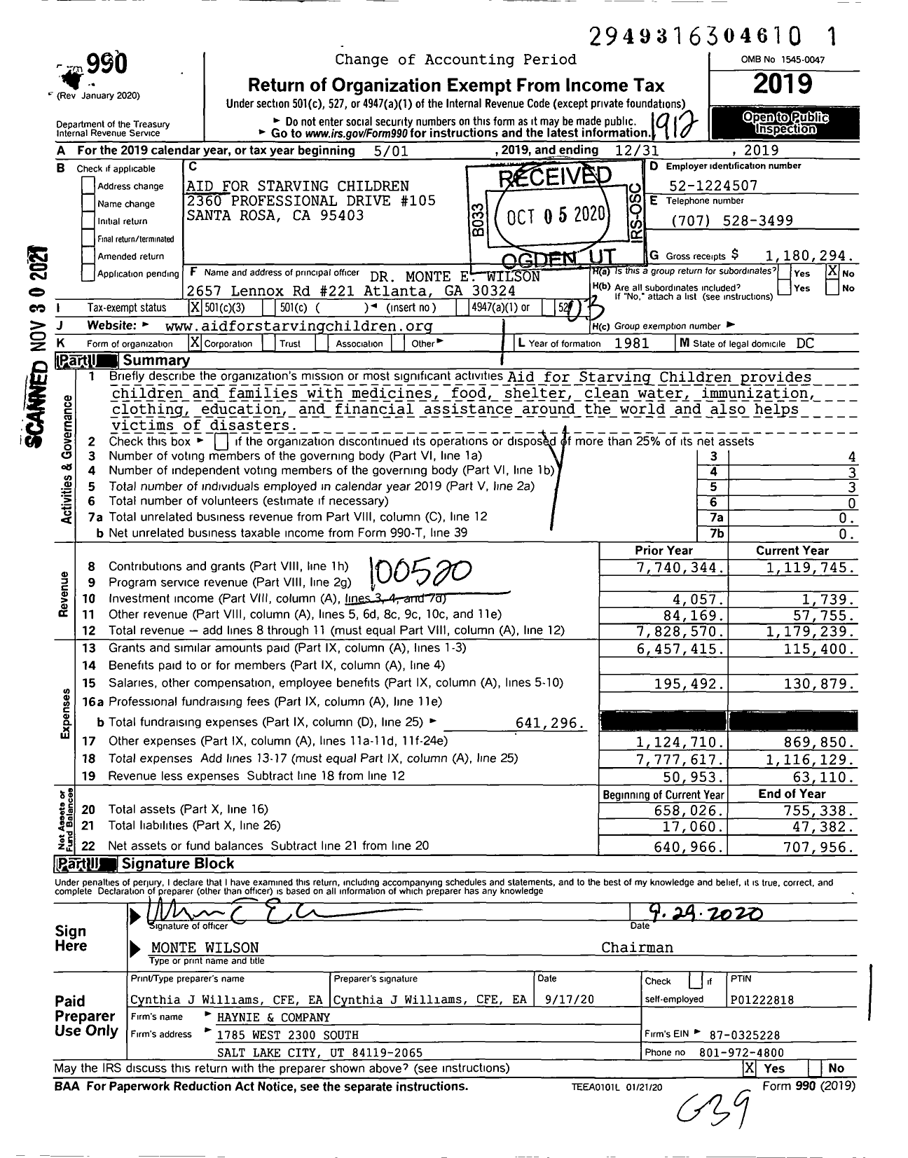 Image of first page of 2019 Form 990 for Aid for Starving Children