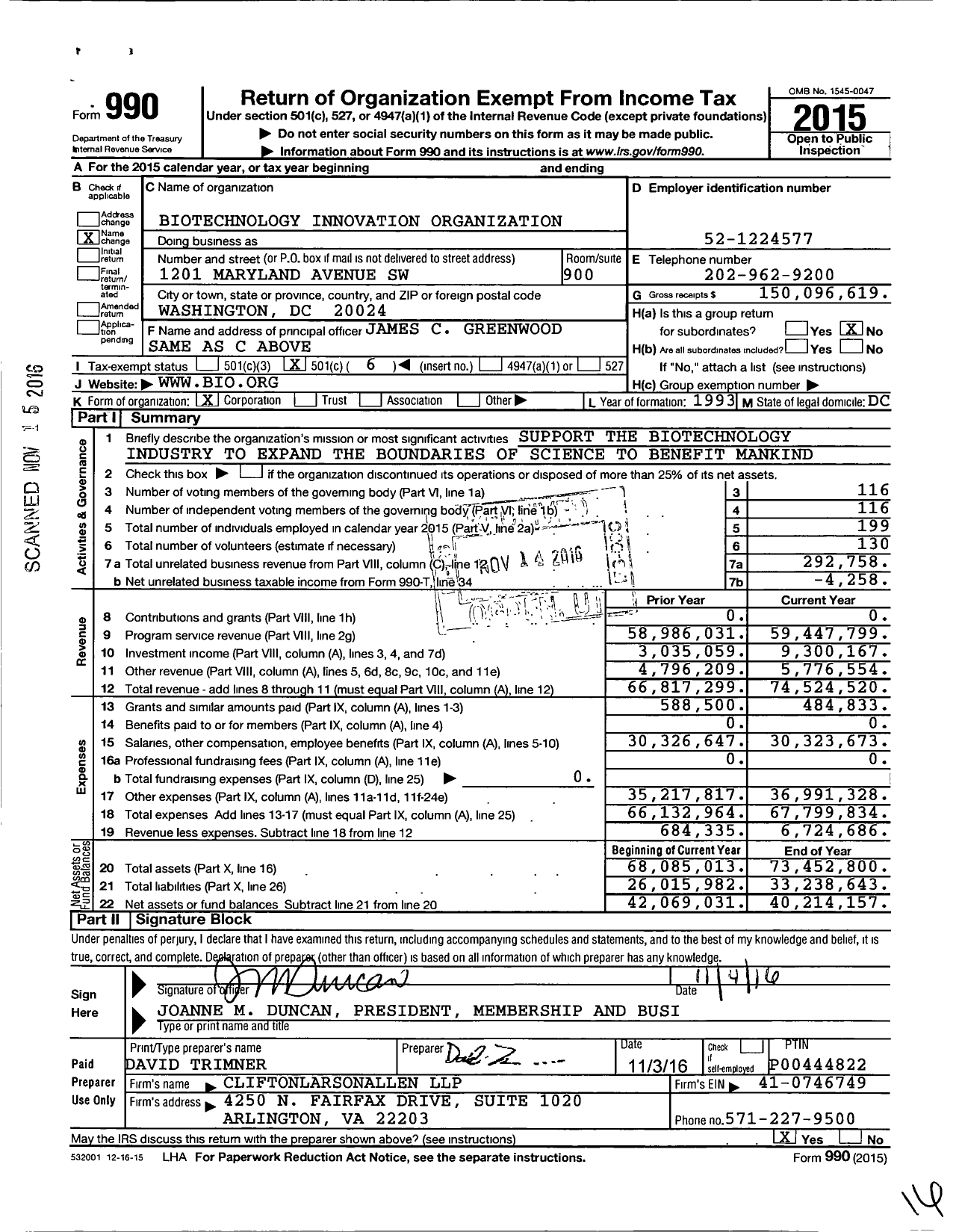 Image of first page of 2015 Form 990O for Biotechnology Innovation Organization (BIO)