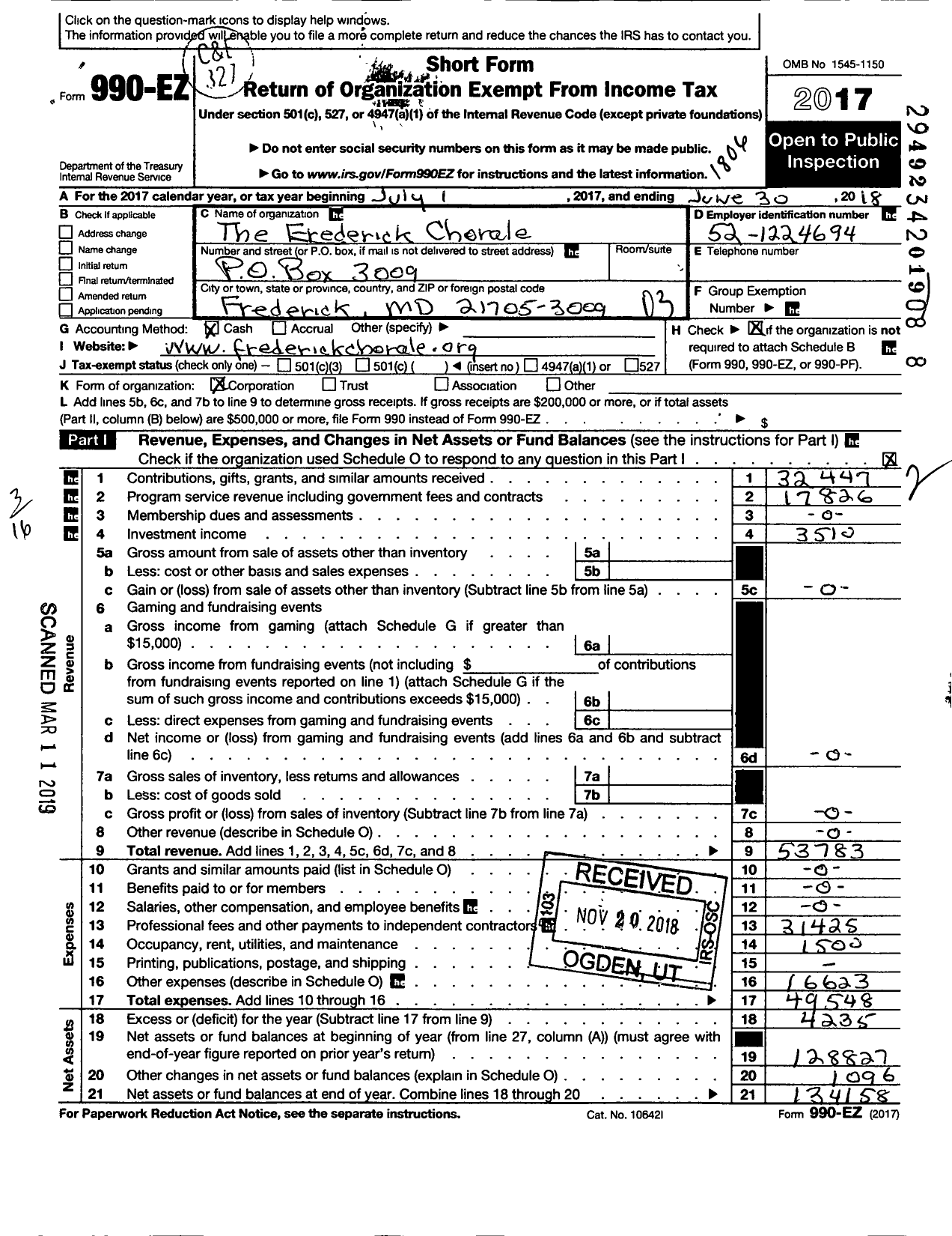 Image of first page of 2017 Form 990EZ for The Frederick Chorale