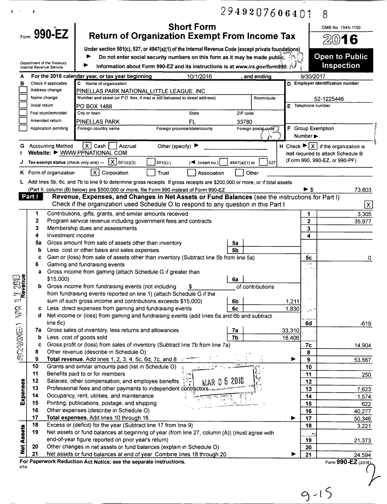 Image of first page of 2016 Form 990EZ for Little League Baseball - 3090501 Pinellas Park National LL