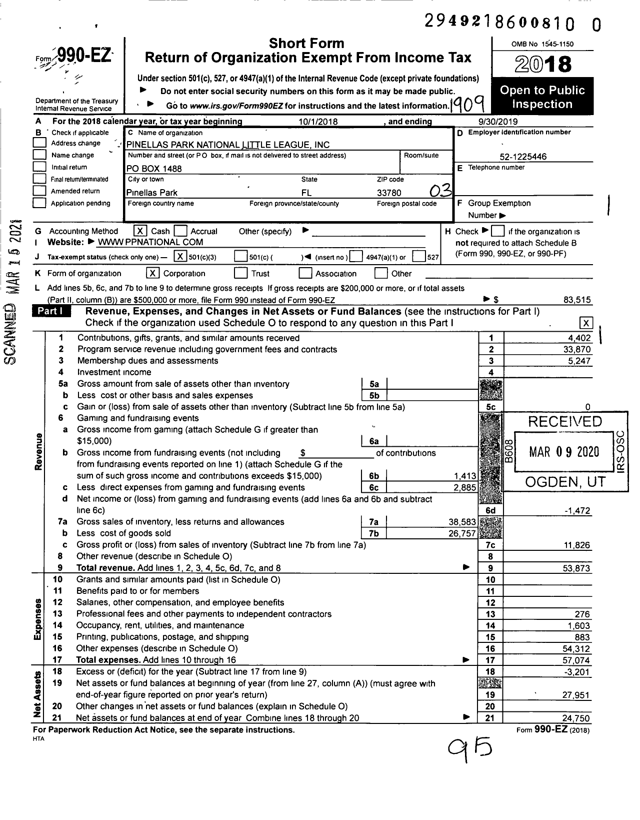 Image of first page of 2018 Form 990EZ for Little League Baseball - 3090501 Pinellas Park National LL