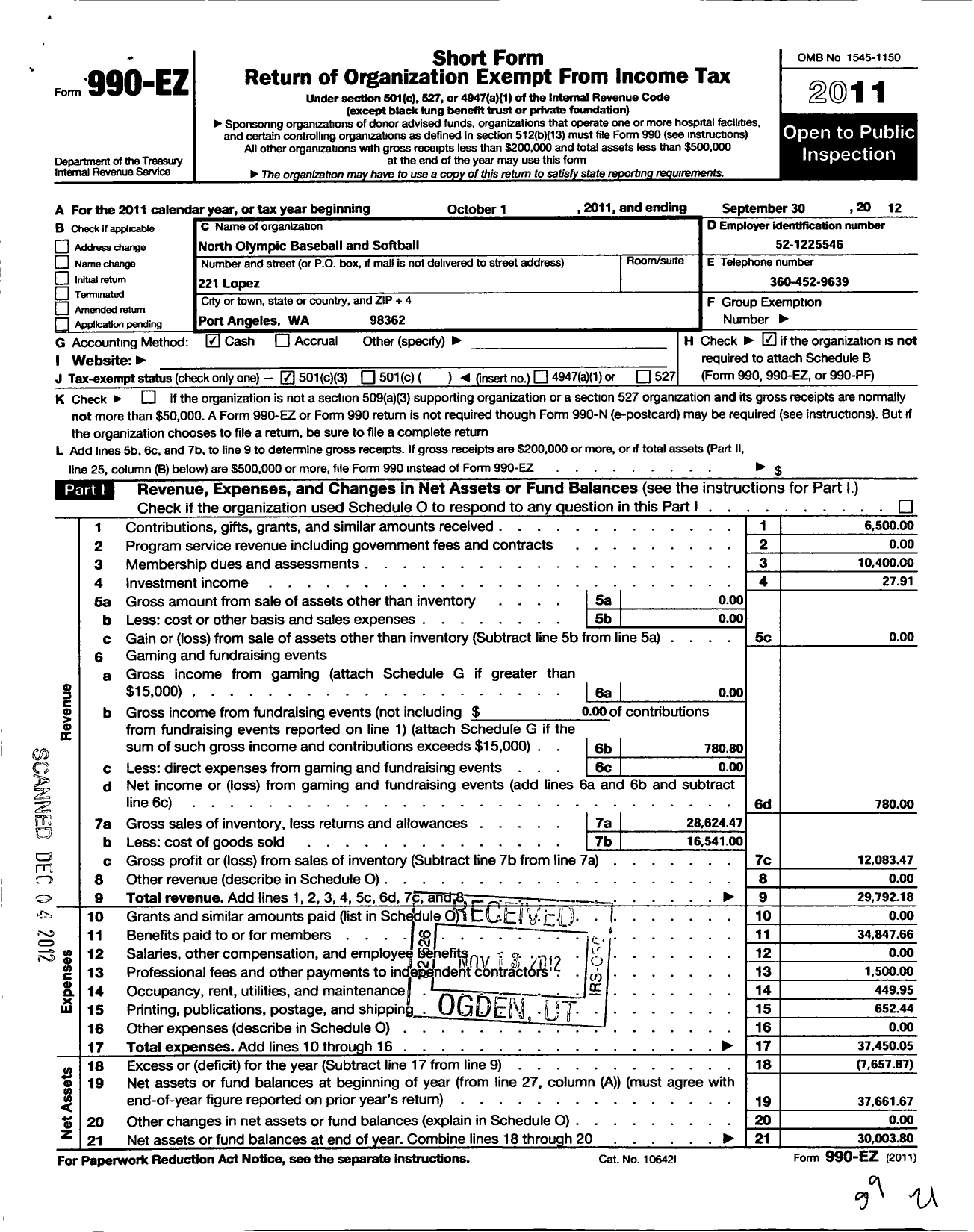 Image of first page of 2011 Form 990EZ for North Olympic Baseball and Softball