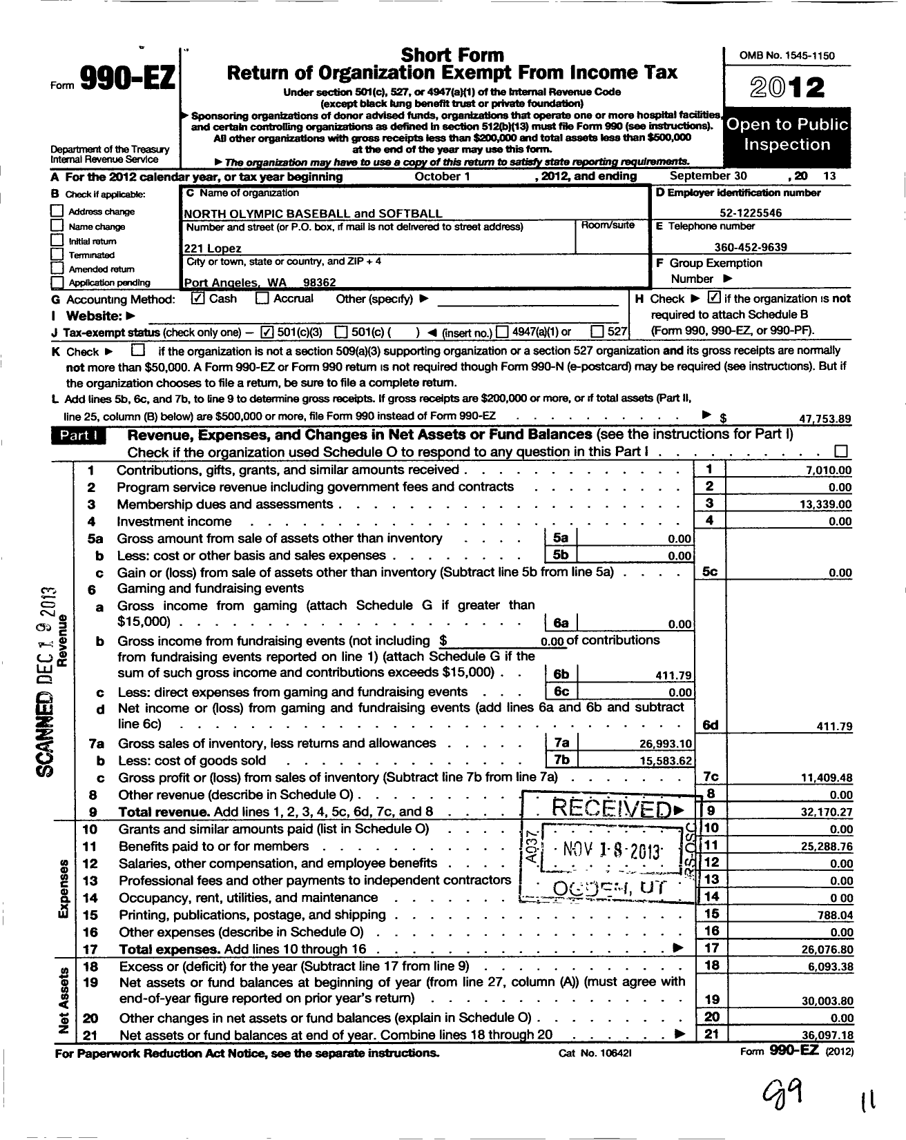 Image of first page of 2012 Form 990EZ for North Olympic Baseball and Softball