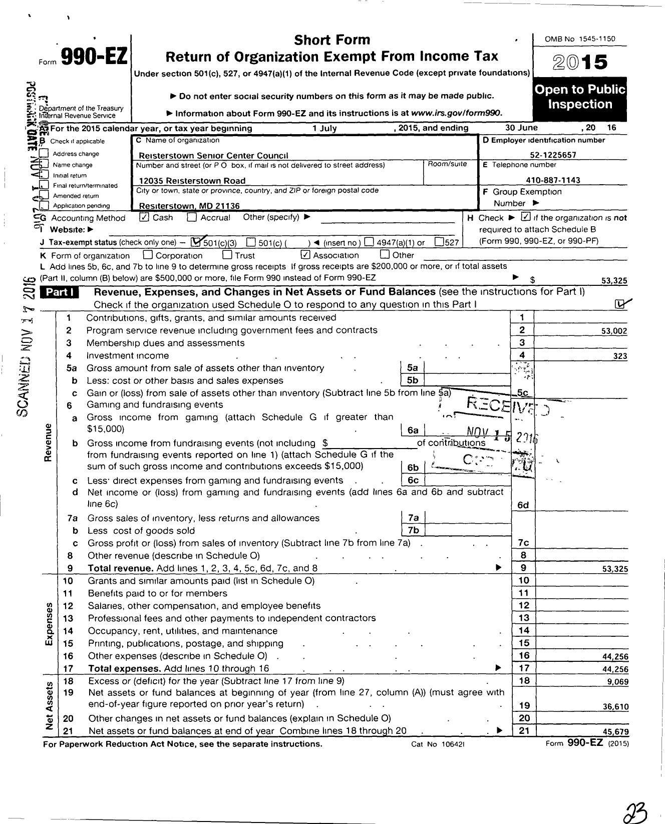 Image of first page of 2015 Form 990EZ for Reisterstown Senior Center Council