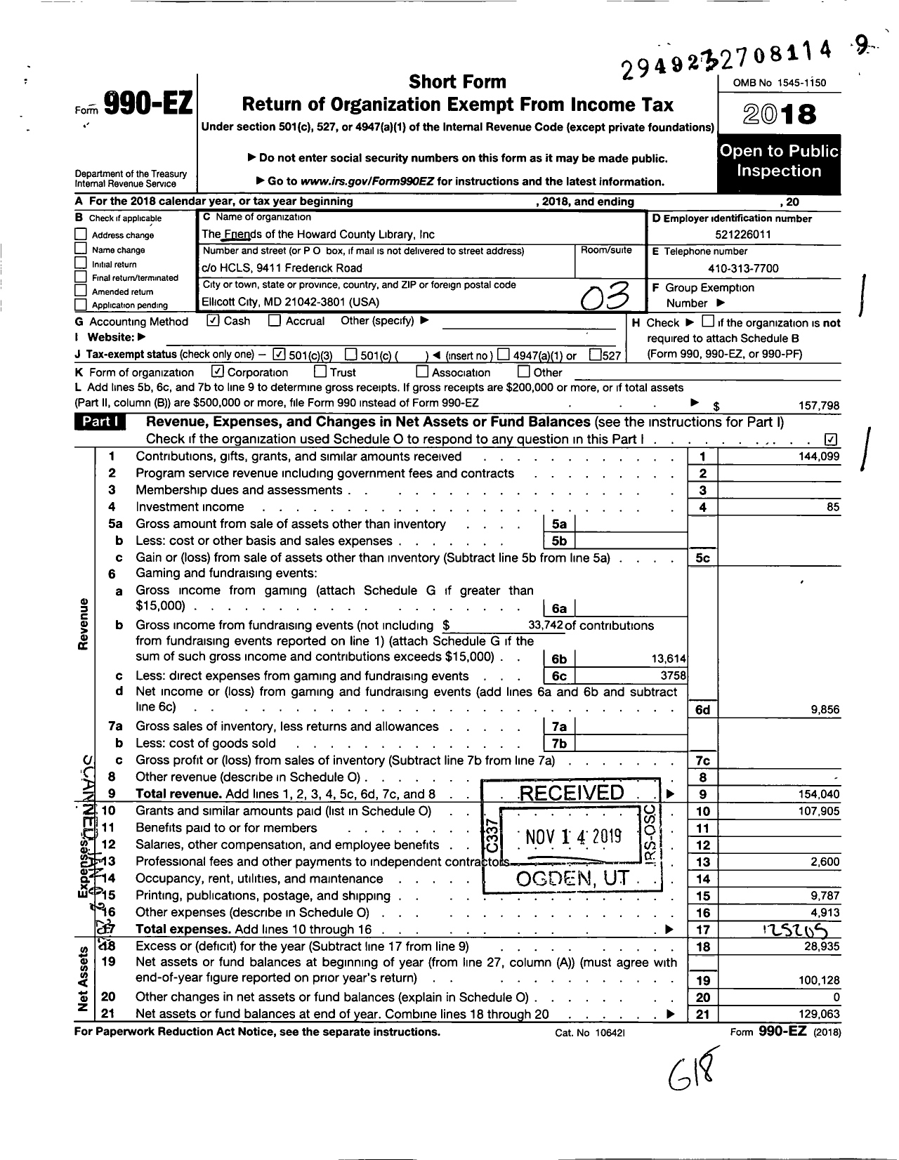 Image of first page of 2018 Form 990EZ for Friends and Foundation of HCLS