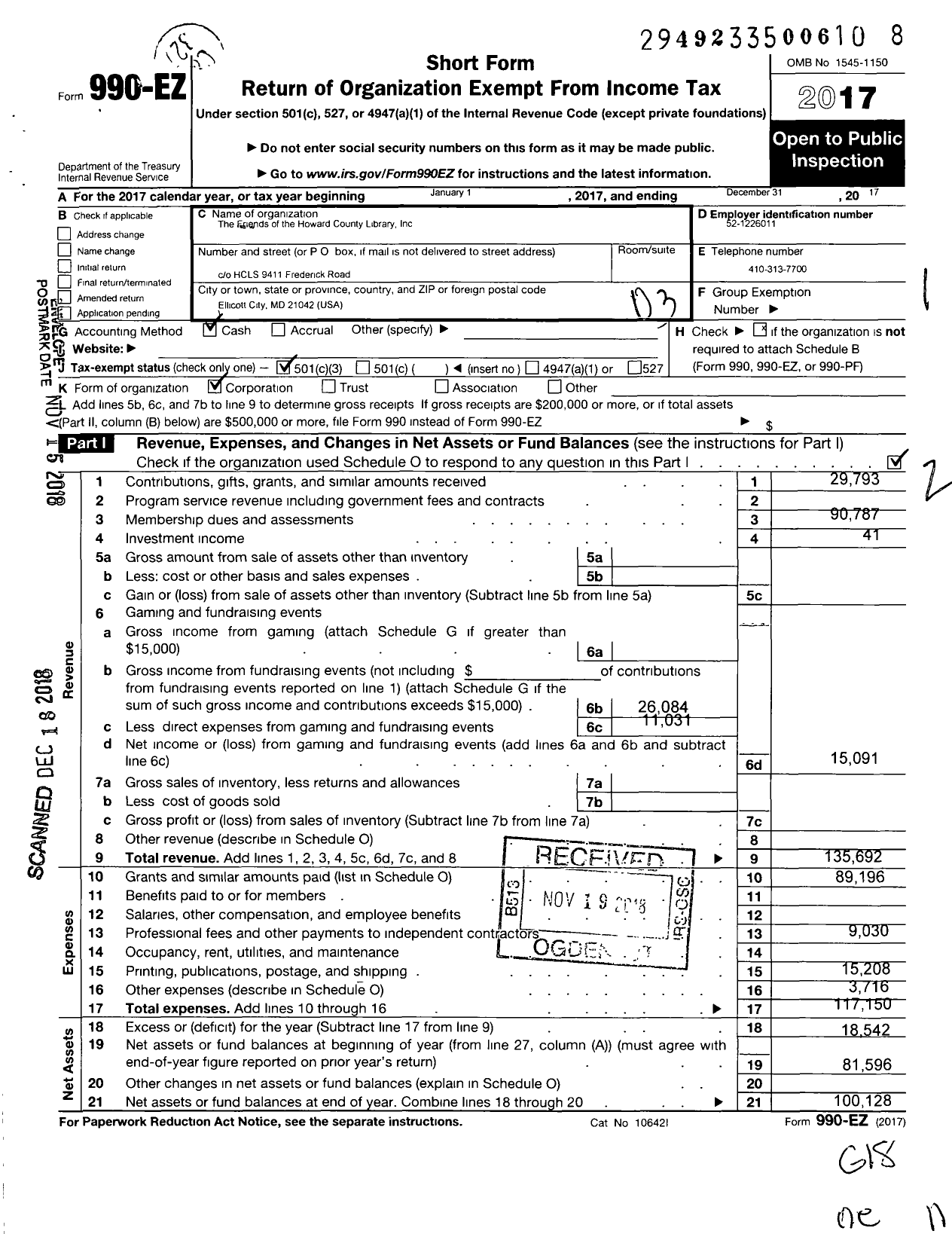 Image of first page of 2017 Form 990EZ for Friends and Foundation of HCLS