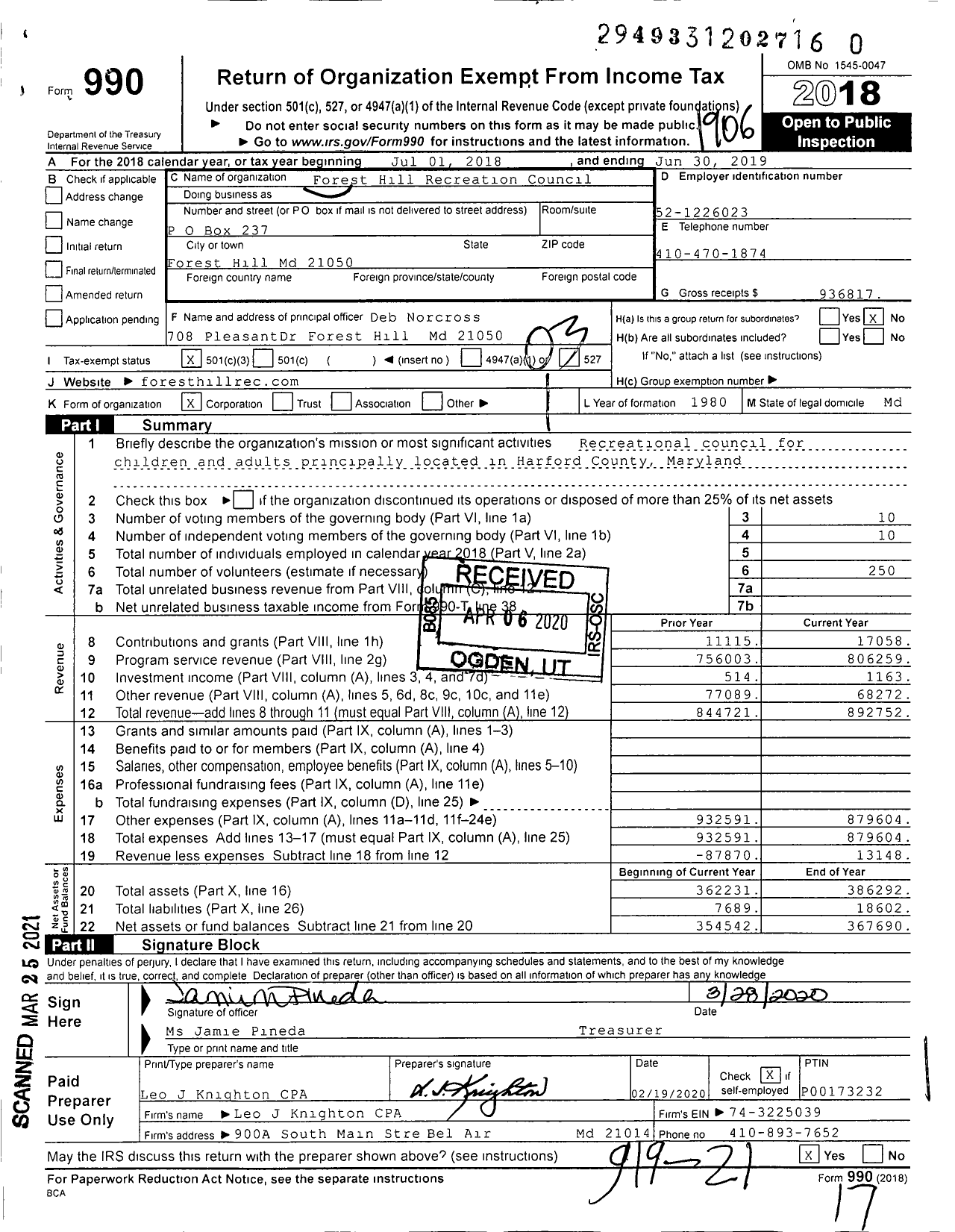 Image of first page of 2018 Form 990 for Forest Hill Recreation Council