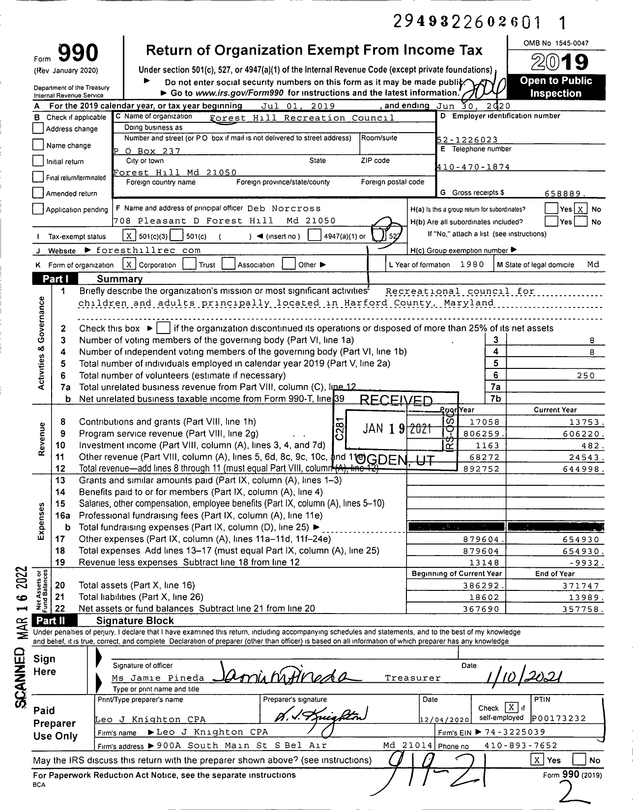 Image of first page of 2019 Form 990 for Forest Hill Recreation Council