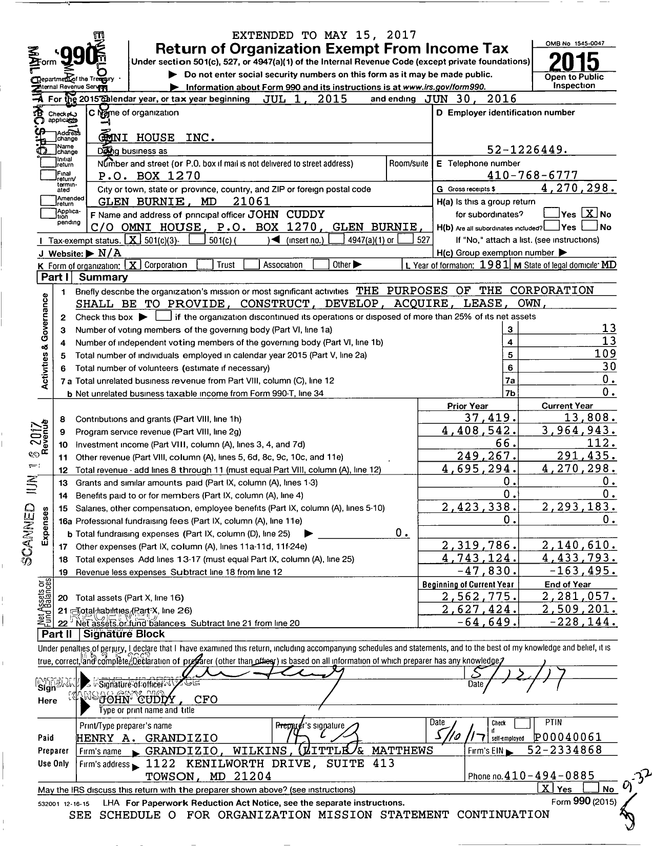 Image of first page of 2015 Form 990 for Omni House