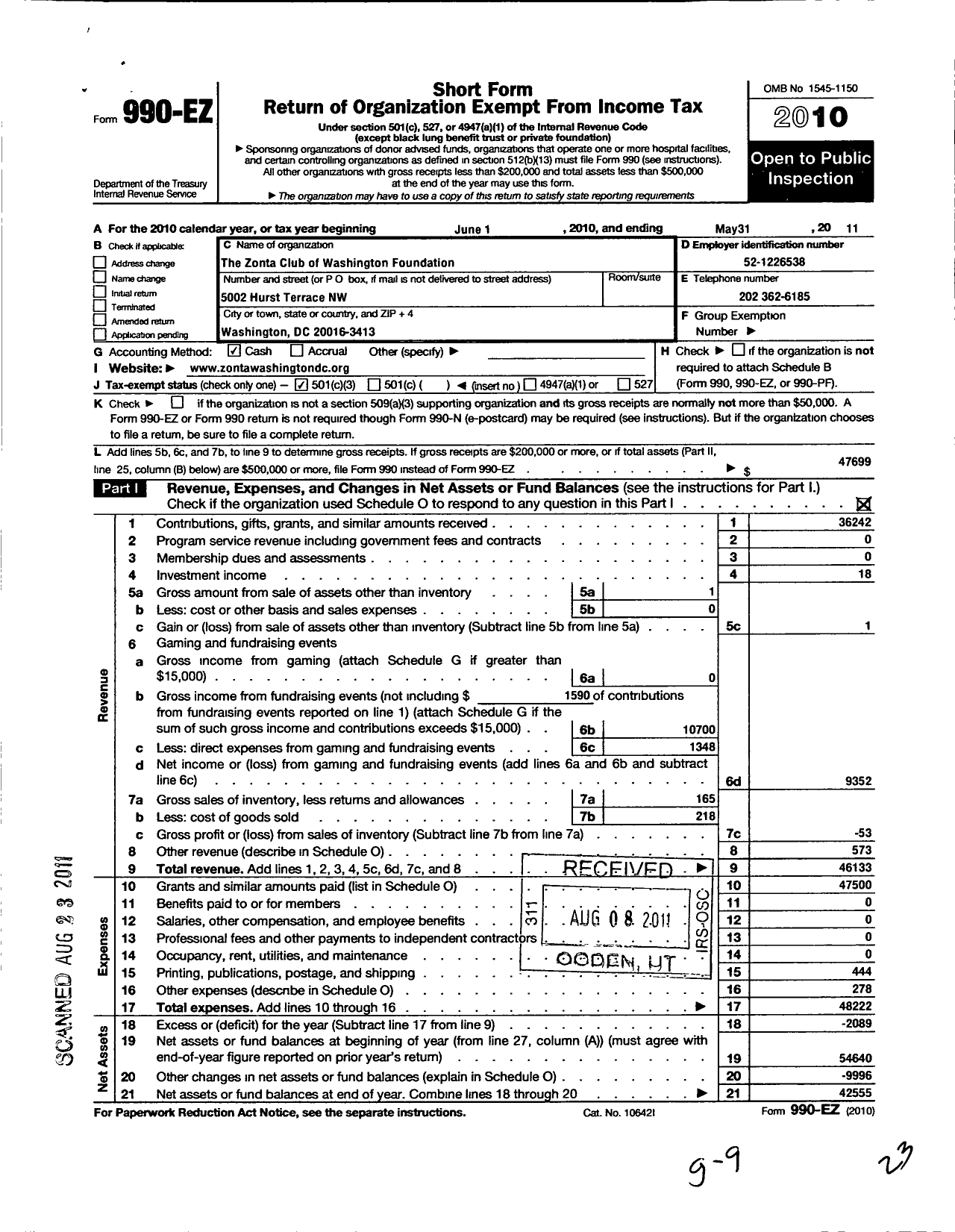 Image of first page of 2010 Form 990EZ for The Zonta Club of Washington Foundation