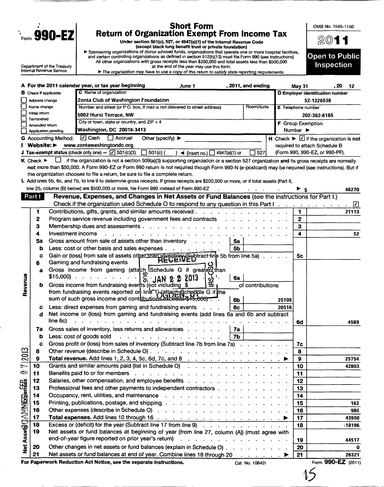 Image of first page of 2011 Form 990EZ for The Zonta Club of Washington Foundation