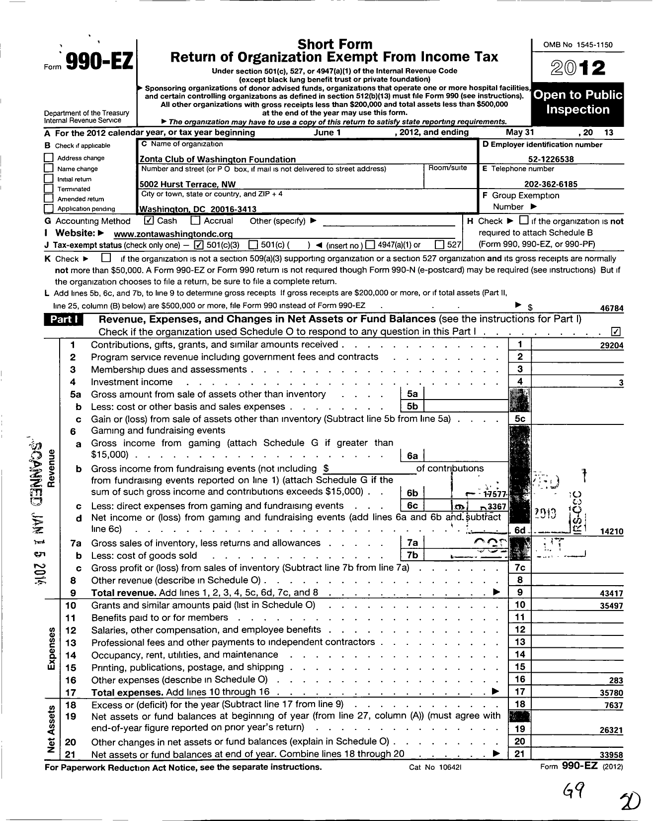 Image of first page of 2012 Form 990EZ for The Zonta Club of Washington Foundation