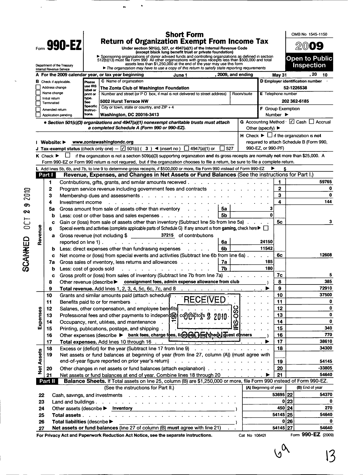 Image of first page of 2009 Form 990EZ for The Zonta Club of Washington Foundation