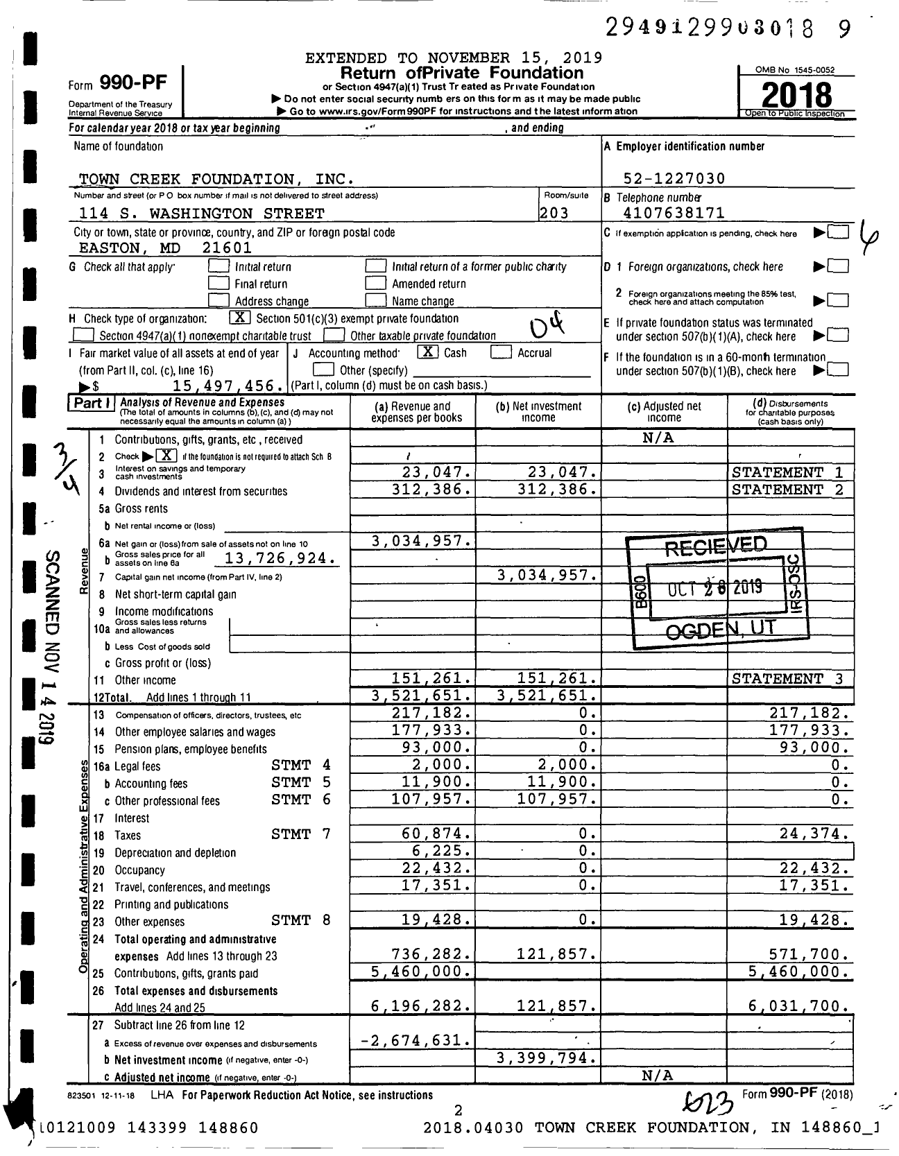 Image of first page of 2018 Form 990PF for Town Creek Foundation