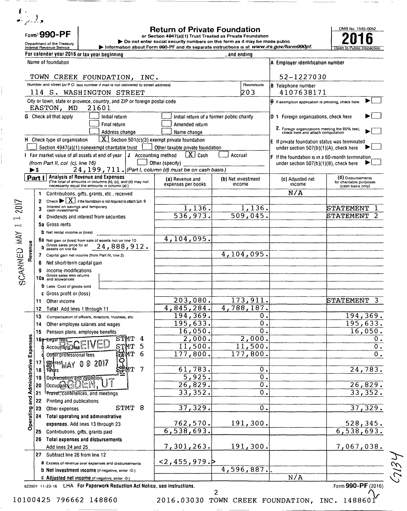 Image of first page of 2016 Form 990PF for Town Creek Foundation