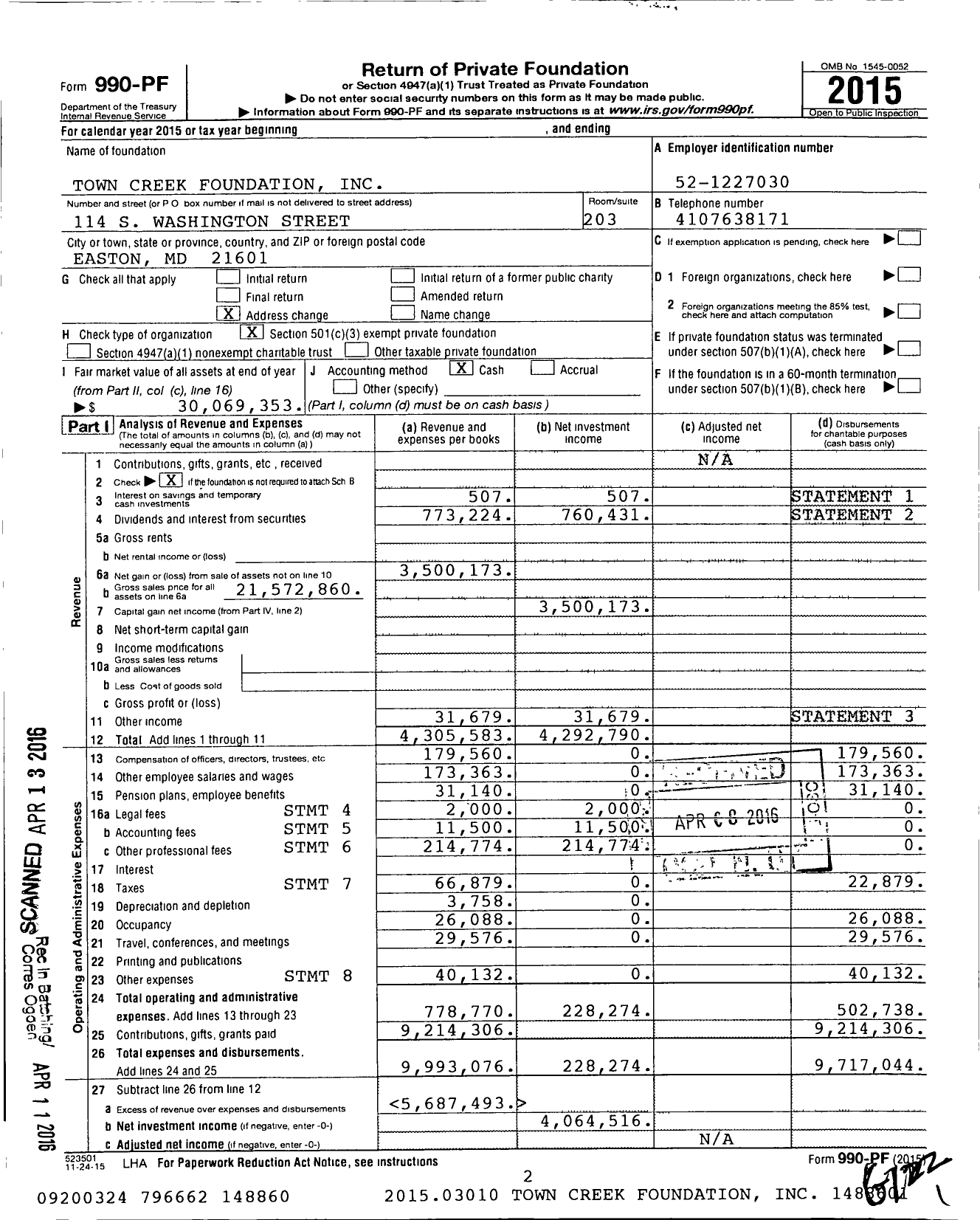 Image of first page of 2015 Form 990PF for Town Creek Foundation