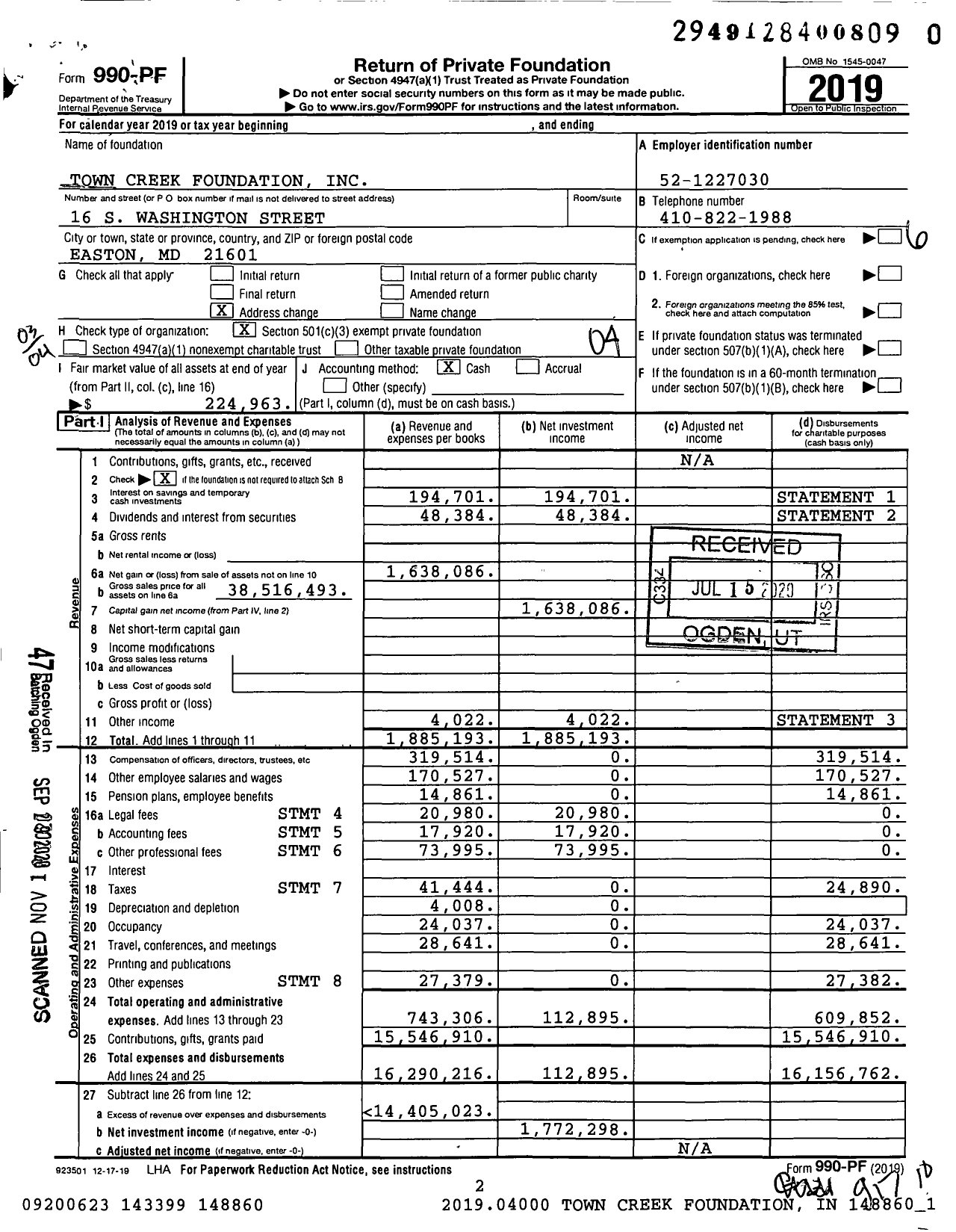 Image of first page of 2019 Form 990PF for Town Creek Foundation
