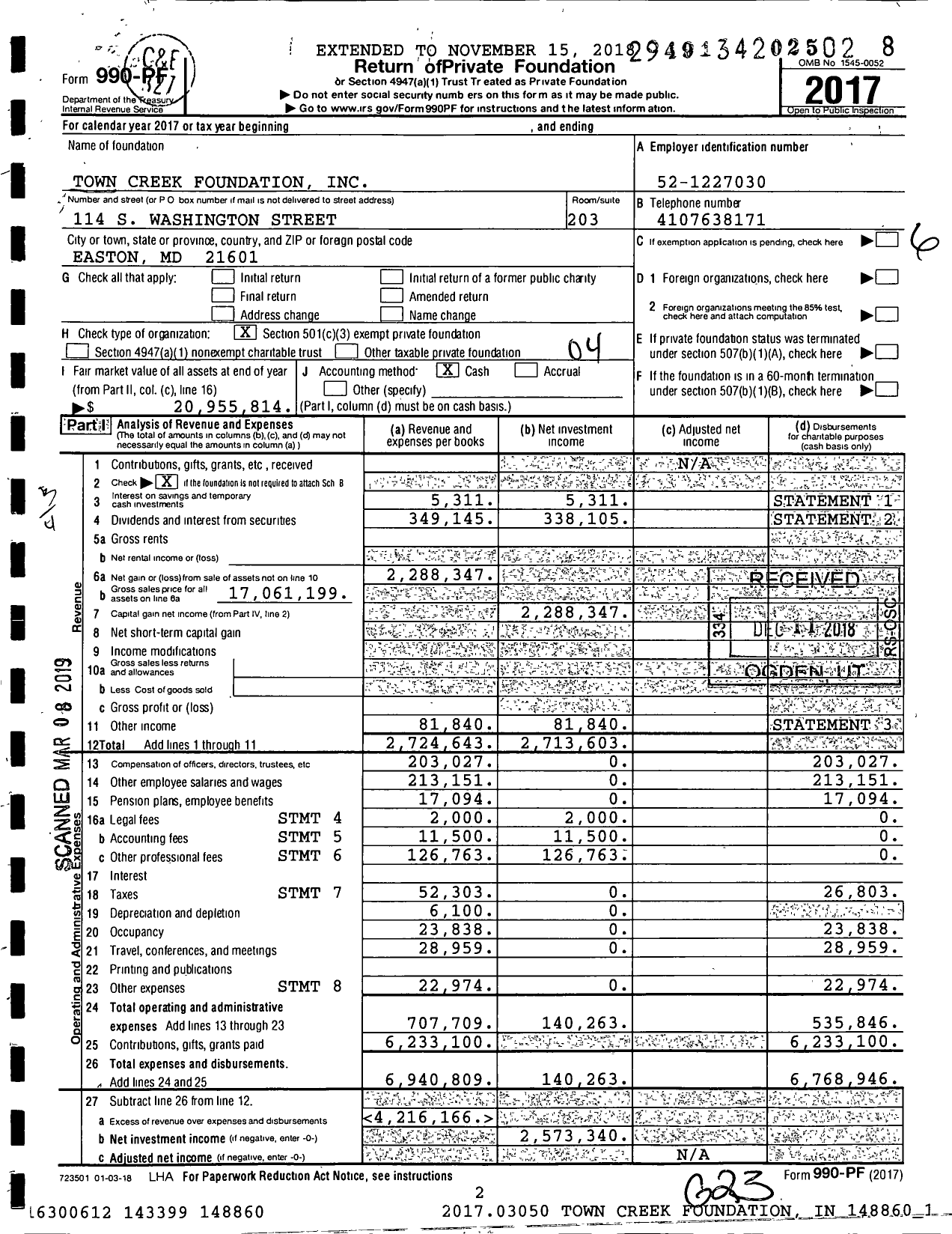 Image of first page of 2017 Form 990PF for Town Creek Foundation