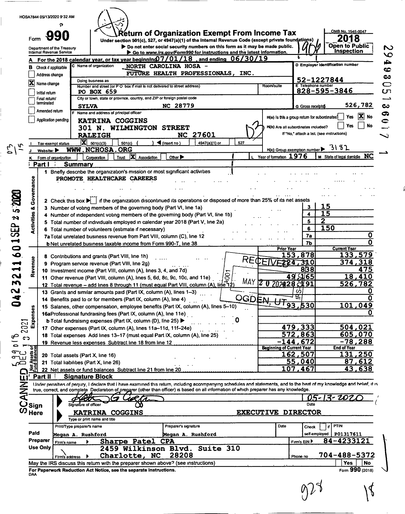 Image of first page of 2018 Form 990 for North Carolina Hosa - Future Health Professionals