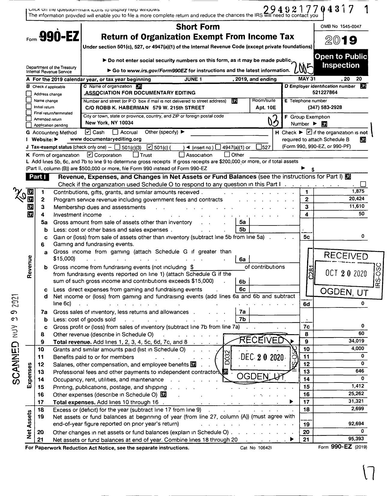 Image of first page of 2019 Form 990EZ for Association for Documentary Editing