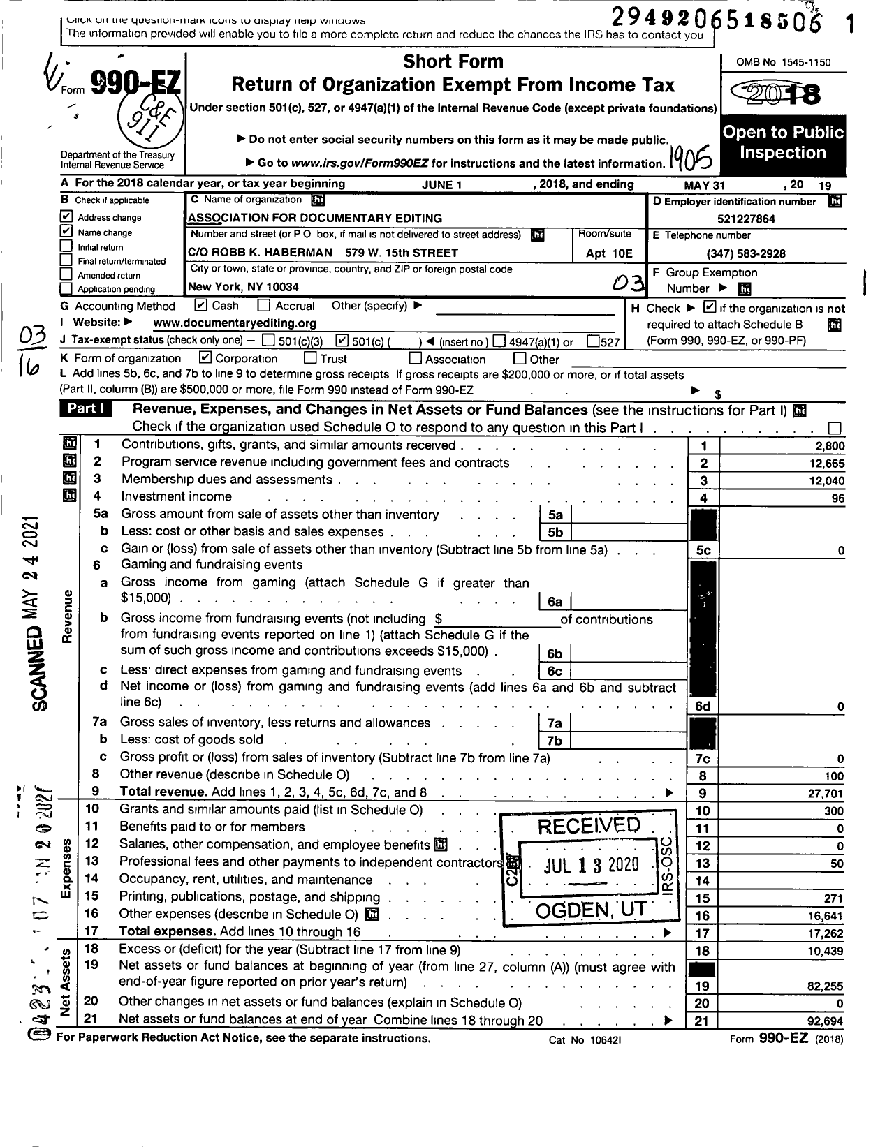 Image of first page of 2018 Form 990EZ for Association for Documentary Editing