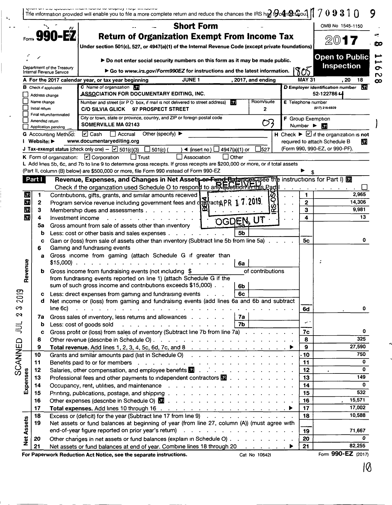 Image of first page of 2017 Form 990EZ for Association for Documentary Editing