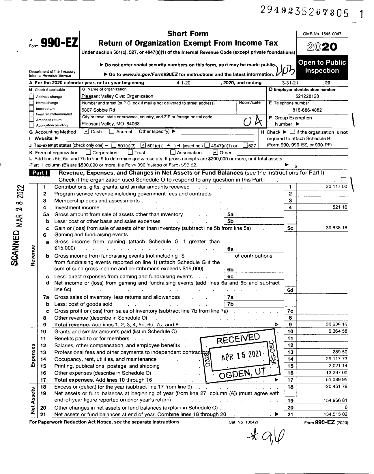 Image of first page of 2020 Form 990EO for Pleasant Valley Civic Organization