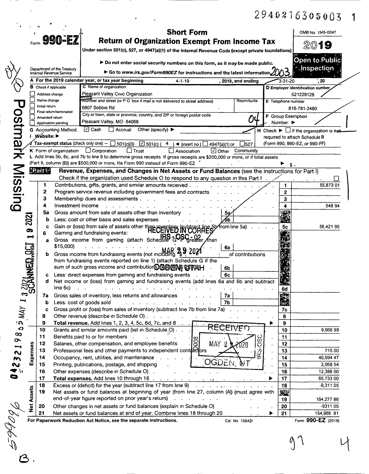 Image of first page of 2019 Form 990EO for Pleasant Valley Civic Organization