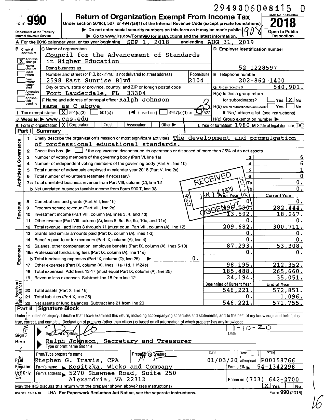 Image of first page of 2018 Form 990 for Council for the Advancement of Standards in Higher Education