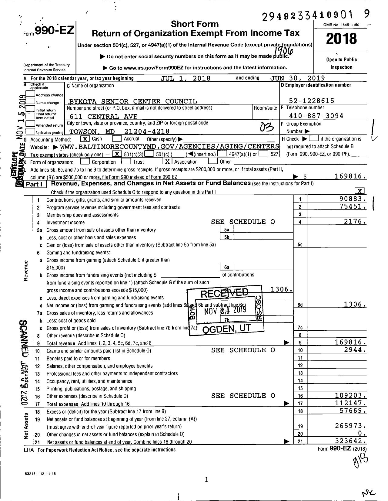 Image of first page of 2018 Form 990EZ for Bykota Senior Center Council