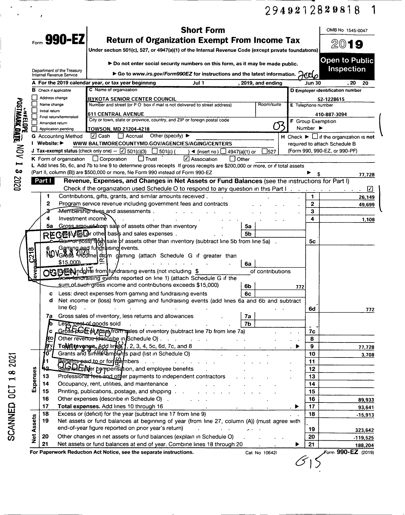 Image of first page of 2019 Form 990EZ for Bykota Senior Center Council