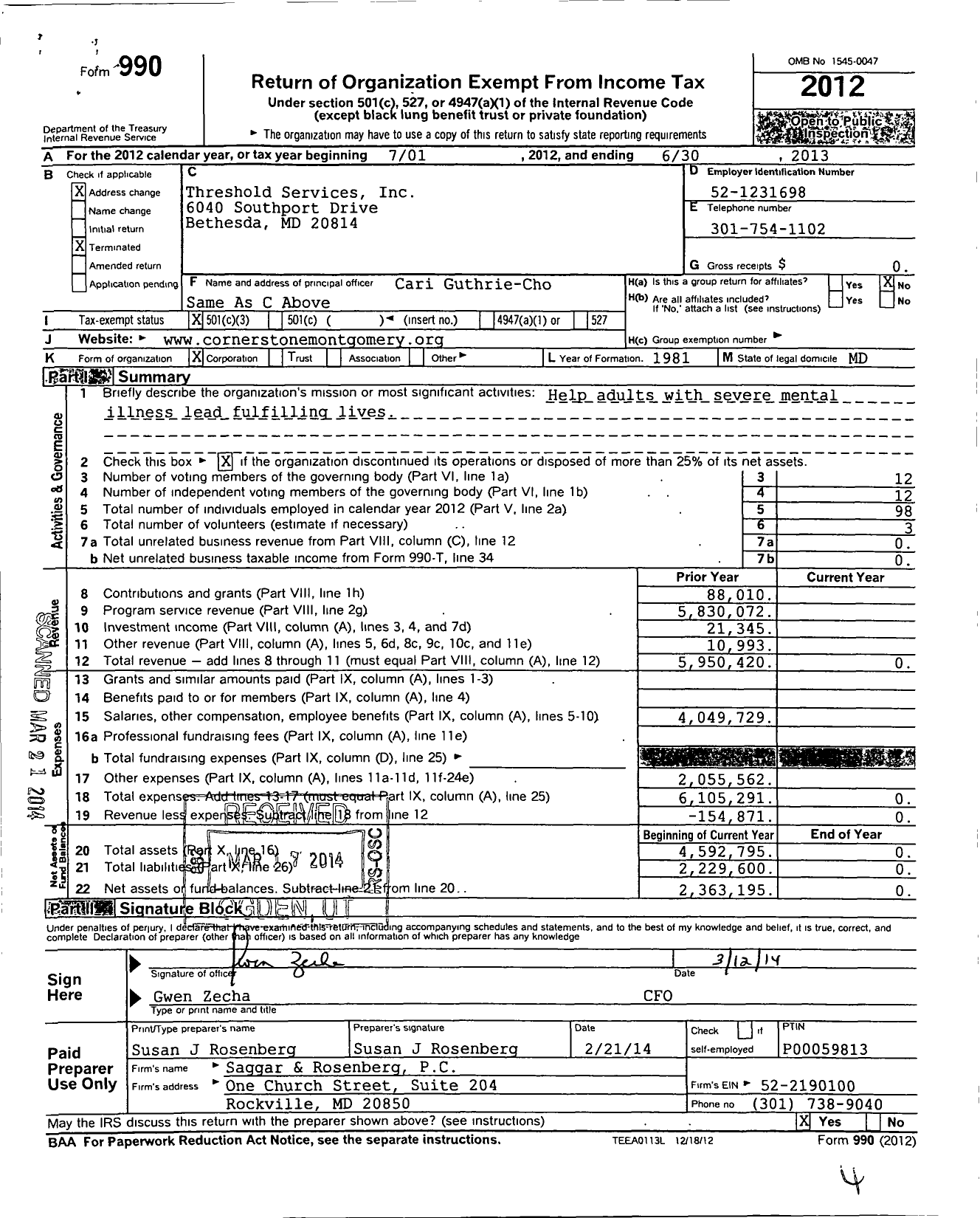 Image of first page of 2012 Form 990 for Threshold Services
