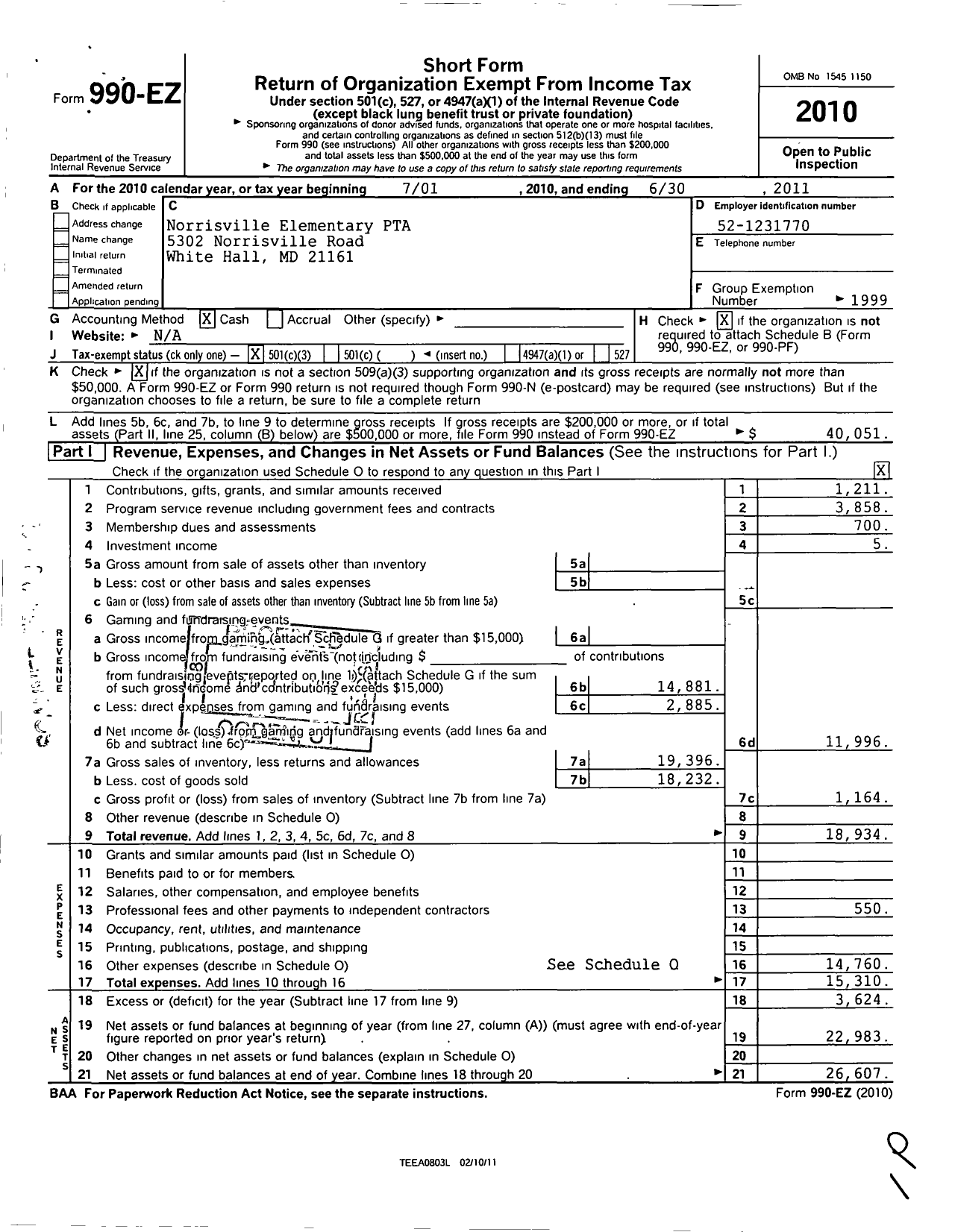 Image of first page of 2010 Form 990EZ for PTA Maryland Congress of Parent and Teachers / Norrisville Elementary PTA